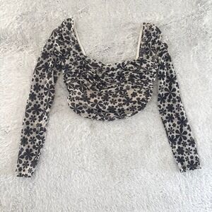 Glassons Floral Mesh Ruched Long Sleeve Crop‎ Top Bustier  Retro 70s 90s Y2K